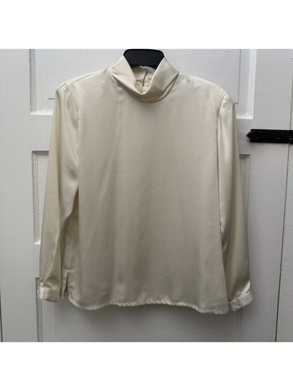 Vintage Gianni Petite Blouse Women 10 Ivory Satin High Neck Shoulder Pads